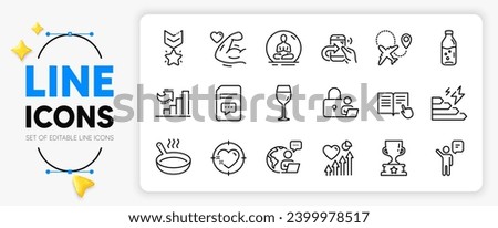Heart target, Frying pan and Winner medal line icons set for app include Wine glass, Airplane, Winner cup outline thin icon. Lock, Yoga, Growth chart pictogram icon. Outsource work. Vector