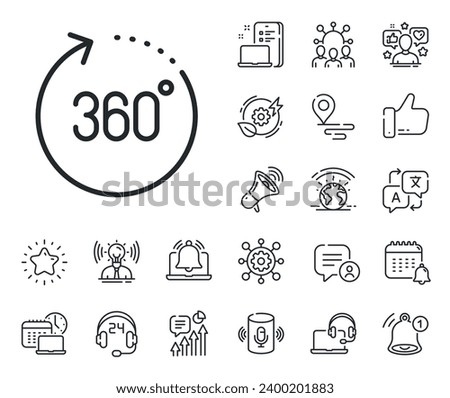 Panoramic view sign. Place location, technology and smart speaker outline icons. 360 degrees line icon. VR technology simulation symbol. 360 degrees line sign. Vector