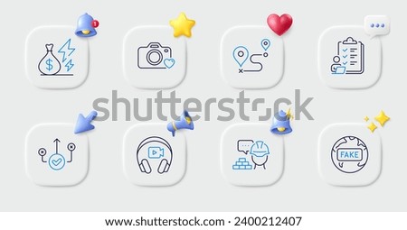 Build, Checklist and Fake news line icons. Buttons with 3d bell, chat speech, cursor. Pack of Journey, Correct way, Photo camera icon. Headphones, Electricity price pictogram. Vector