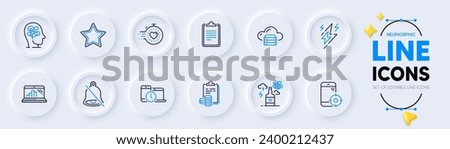 Mute, Clipboard and Alcohol addiction line icons for web app. Pack of Seo phone, Time management, Star pictogram icons. Graph laptop, Lightning bolt, Stress signs. Accounting. Vector