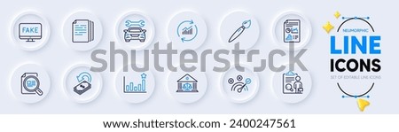 Car, Brush and Check article line icons for web app. Pack of Report document, Update data, Inspect pictogram icons. Efficacy, Correct answer, Court building signs. Fake news, Cashback. Vector