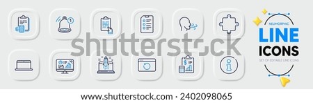 Puzzle, Checklist and Reminder line icons for web app. Pack of Start business, Report, Recovery internet pictogram icons. Analytics graph, Info, Clipboard signs. Accounting. Neumorphic buttons. Vector