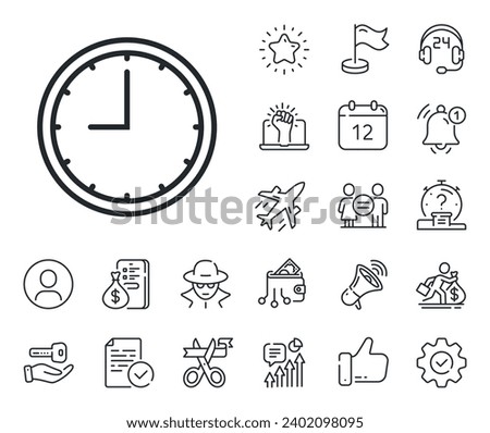 Time sign. Salaryman, gender equality and alert bell outline icons. Clock line icon. Office Watch or Timer symbol. Time line sign. Spy or profile placeholder icon. Online support, strike. Vector