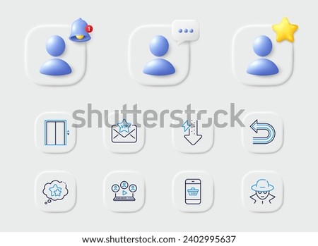 Lift, Ranking stars and Fraud line icons. Placeholder with 3d star, reminder bell, chat. Pack of Vip mail, Undo, Energy drops icon. Video conference, Smartphone buying pictogram. Vector