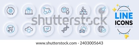 Car review, Chemistry dna and Targeting line icons for web app. Pack of Airplane mode, User notification, Heart pictogram icons. Approved, Online storage, Cogwheel signs. Cloud sync. Vector