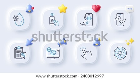 Spanner, Settings and Freezing water line icons. Buttons with 3d bell, chat speech, cursor. Pack of Fan engine, Voicemail, Phone payment icon. Cursor, Phone transfer pictogram. Vector
