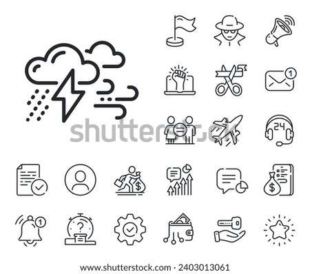 Bad weather sign. Salaryman, gender equality and alert bell outline icons. Clouds with raindrops, lightning, wind line icon. Bad weather line sign. Spy or profile placeholder icon. Vector