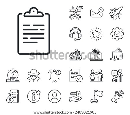 Agreement file sign. Salaryman, gender equality and alert bell outline icons. Clipboard document line icon. Survey record symbol. Clipboard line sign. Spy or profile placeholder icon. Vector