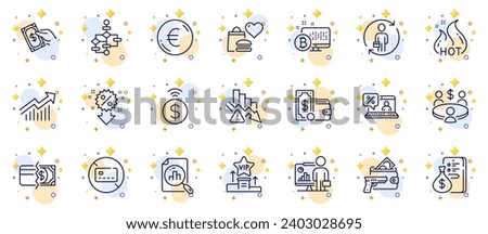 Outline set of Online loan, Deflation and Meeting line icons for web app. Include Contactless payment, Food donation, Bitcoin system pictogram icons. No card, Replacement, Teacher signs. Vector