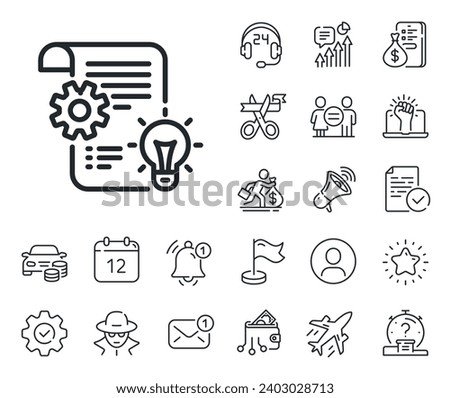 Engineering tool sign. Salaryman, gender equality and alert bell outline icons. Cogwheel line icon. Idea bulb symbol. Cogwheel line sign. Spy or profile placeholder icon. Vector