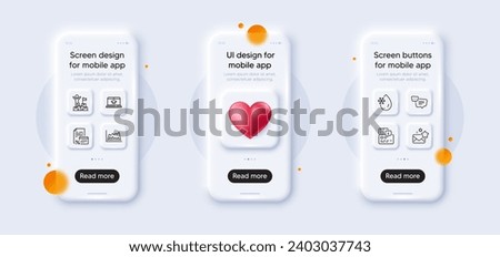 Calendar tax, Trade chart and Delivery man line icons pack. 3d phone mockups with heart. Glass smartphone screen. Card, Text message, Website education web icon. Vector