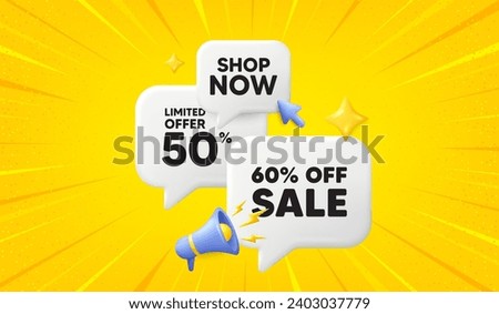 Sale 60 percent off discount. 3d offer chat speech bubbles. Promotion price offer sign. Retail badge symbol. Sale speech bubble 3d message. Talk box megaphone banner. Vector