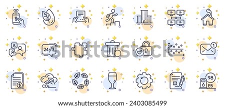 Outline set of Home, 24h service and University campus line icons for web app. Include Dot plot, Leader run, Video conference pictogram icons. Organic tested, Support chat, Reject file signs. Vector