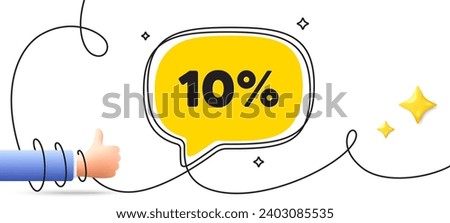 10 percent off sale tag. Continuous line art banner. Discount offer price sign. Special offer symbol. Discount speech bubble background. Wrapped 3d like icon. Vector