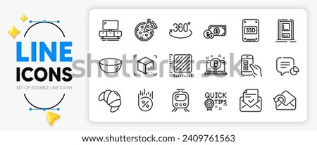 Tv stand, Dollar money and Entrance line icons set for app include Loan percent, Quick tips, Square meter outline thin icon. Train, Send mail, Approved mail pictogram icon. Mobile survey. Vector
