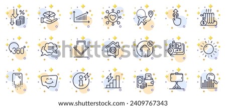 Outline set of Power info, Full rotation and Downloading line icons for web app. Include Airplane, Smile chat, Work home pictogram icons. Deflation, Selfie stick, Swipe up signs. Vector