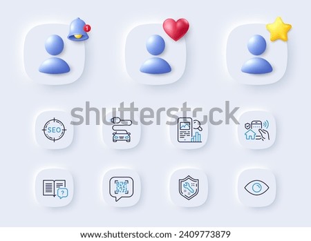 Spanner, Phone search and Car charge line icons. Placeholder with 3d bell, star, heart. Pack of Eye, Instruction manual, House security icon. Qr code, Seo pictogram. For web app, printing. Vector