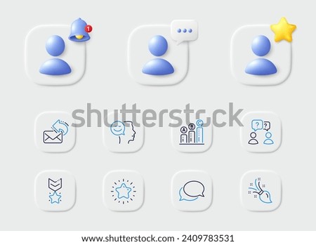 Teamwork questions, Graph chart and Messenger line icons. Placeholder with 3d star, reminder bell, chat. Pack of Share mail, Brush, Winner medal icon. Good mood, Star pictogram. Vector