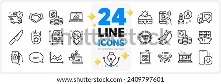 Icons set of Chat, Tips and Phone download line icons pack for app with Discount, Express delivery, Teamwork thin outline icon. Oil barrel, Heart, Inspect pictogram. Locked app. Vector