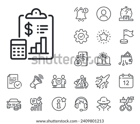 Accounting clipboard document sign. Salaryman, gender equality and alert bell outline icons. Report line icon. Budget info symbol. Report line sign. Spy or profile placeholder icon. Vector