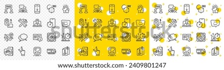 Outline Fake information, Computer fan and Touchscreen gesture line icons pack for web with Ranking stars, Metro, Manual line icon. Telemedicine, Pos terminal, Scroll down pictogram icon. Vector