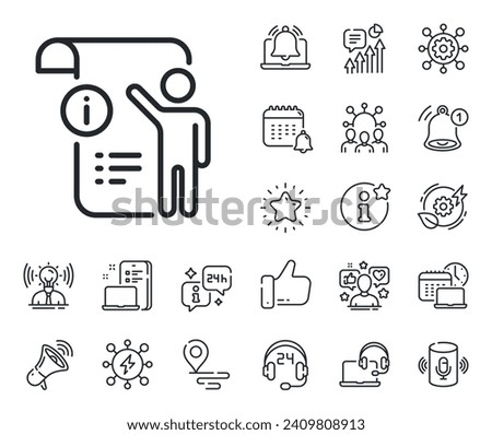 Technical instruction sign. Place location, technology and smart speaker outline icons. Manual doc line icon. Manual doc line sign. Influencer, brand ambassador icon. Support, online offer. Vector