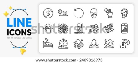 Tested stamp, Sleep and Online test line icons set for app include Empower, Medical mask, Quiz outline thin icon. Buying house, Flag, Credit card pictogram icon. Check investment. Vector