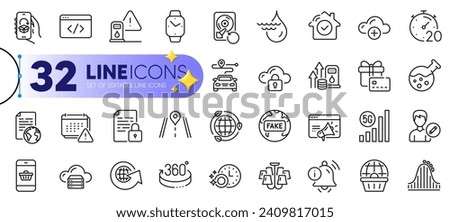 Outline set of Seo script, Edit person and House security line icons for web with Information bell, Dishwasher timer, Lock thin icon. Gift card, Hydroelectricity. Design with yellow 3d stars. Vector