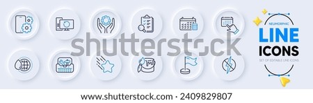 Event click, Phone service and Recovery computer line icons for web app. Pack of Brush, Falling star, Milestone pictogram icons. Calendar, Toolbox, World water signs. Inspect. Vector