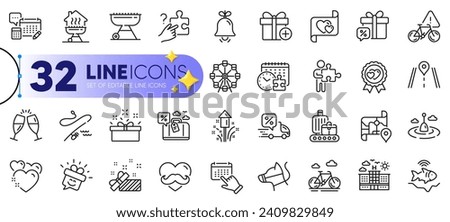 Outline set of Dog leash, Event click and Father day line icons for web with Fishing rod, Present, Home grill thin icon. Champagne glasses, Account, Search puzzle pictogram icon. Vector