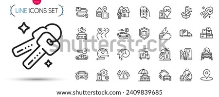 Pack of Car, Delivery location and Gas station line icons. Include Car charging, Time schedule, Charging station pictogram icons. Warning, Road, Luggage protect signs. Keys, Gas price. Vector