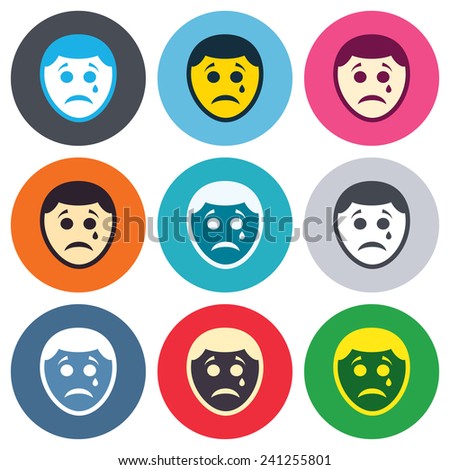 Sad face with tear sign icon. Crying chat symbol. Colored round buttons. Flat design circle icons set. Vector