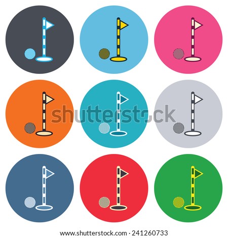 Golf ball and hole sign icon. Sport symbol. Colored round buttons. Flat design circle icons set. Vector