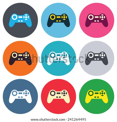 Joystick sign icon. Video game symbol. Colored round buttons. Flat design circle icons set. Vector