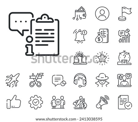 Agreement file sign. Salaryman, gender equality and alert bell outline icons. Clipboard document line icon. Info data symbol. Clipboard line sign. Spy or profile placeholder icon. Vector