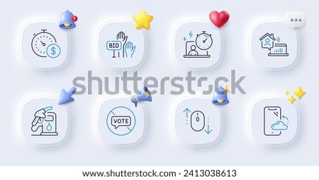 Petrol station, Smartphone cloud and Stop voting line icons. Buttons with 3d bell, chat speech, cursor. Pack of Work home, Last minute, Bid offer icon. Scroll down, Timer pictogram. Vector