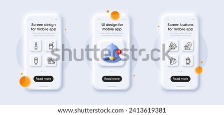 Beer bottle, Cocktail and Fitness water line icons pack. 3d phone mockups with bell alert. Glass smartphone screen. Latte coffee, Ice cream, Salad web icon. Vector