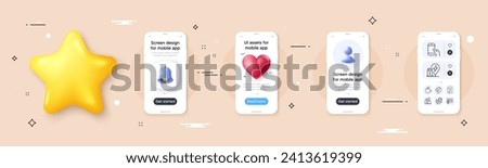 Hold smartphone, Timer and Seo devices line icons pack. Phone screen mockup with 3d bell, star and placeholder. Quick tips, International flight, Food delivery web icon. Vector