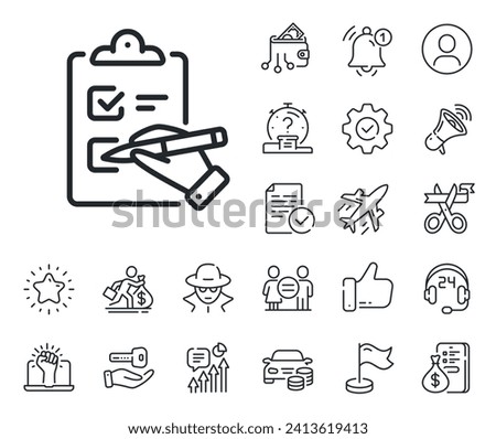 Clipboard document sign. Salaryman, gender equality and alert bell outline icons. Checklist line icon. Questioning survey symbol. Checklist line sign. Spy or profile placeholder icon. Vector