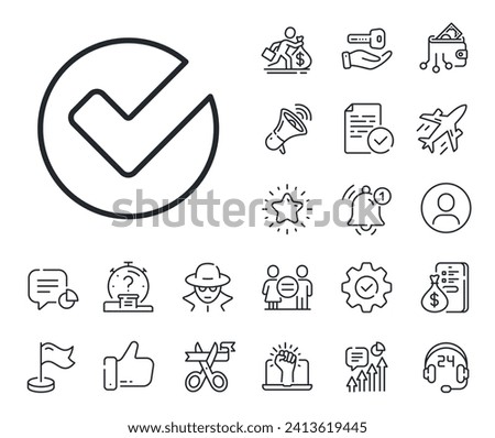 Approved Tick sign. Salaryman, gender equality and alert bell outline icons. Check line icon. Confirm, Done or Accept symbol. Verify line sign. Spy or profile placeholder icon. Vector