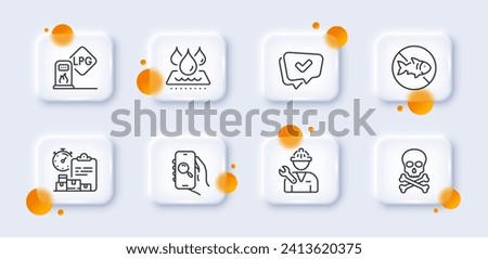 Stop fishing, Search app and Delivery report line icons pack. 3d glass buttons with blurred circles. Waterproof, Chemical hazard, Approved web icon. Repairman, Gas station pictogram. Vector