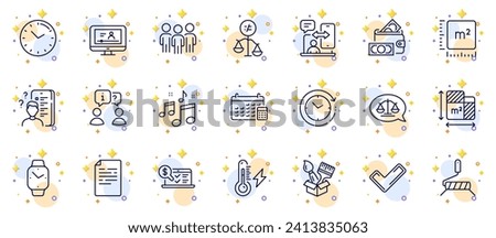 Outline set of Online video, Group and Phone timing line icons for web app. Include Time change, Online accounting, Electricity power pictogram icons. Interview, Time, Survey signs. Vector