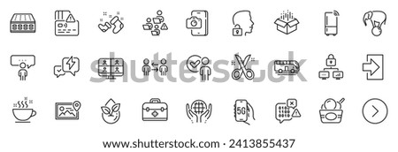 Icons pack as Forward, Unlock system and Teamwork line icons for app include Lock, Refrigerator, 5g internet outline thin icon web set. First aid, Santa boots, Lightning bolt pictogram. Vector