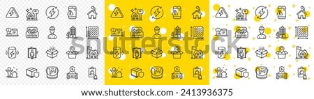 Outline Toolbox, Square area and Lightning bolt line icons pack for web with Renewable power, Open box, New house line icon. Car charging, Buying house, Skyscraper buildings pictogram icon. Vector