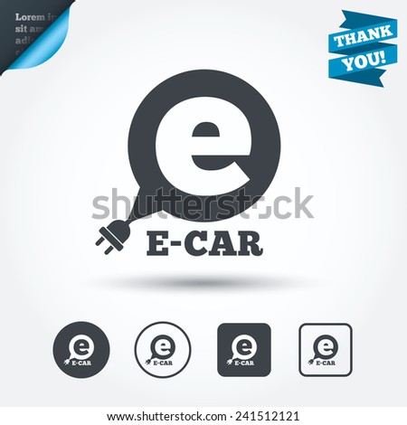 Electric car sign icon. Electric vehicle transport symbol. Speech bubble. Circle and square buttons. Flat design set. Thank you ribbon. Vector