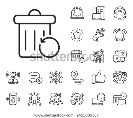 Backup data sign. Place location, technology and smart speaker outline icons. Recovery trash bin line icon. Restore information symbol. Recovery trash line sign. Vector