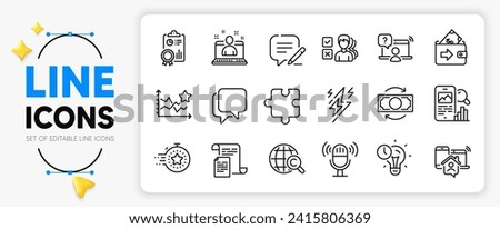 Microphone, Timer and Change money line icons set for app include Ranking stars, Documents, Time management outline thin icon. Inspect, Best manager, Lightning bolt pictogram icon. Vector