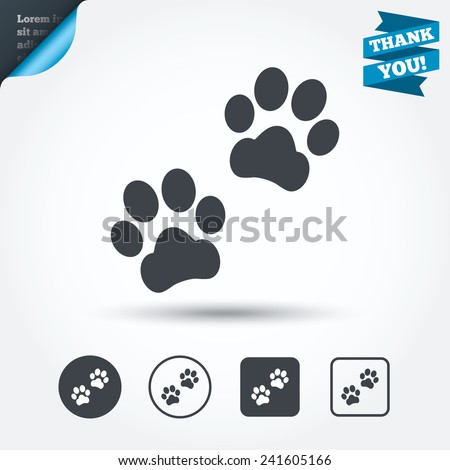 Paw sign icon. Dog pets steps symbol. Circle and square buttons. Flat design set. Thank you ribbon. Vector