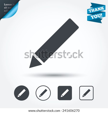 Pencil sign icon. Edit content button. Circle and square buttons. Flat design set. Thank you ribbon. Vector