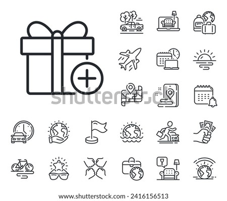 Present or Sale sign. Plane jet, travel map and baggage claim outline icons. Add Gift box line icon. Birthday Shopping symbol. Package in Gift Wrap. Add gift line sign. Vector